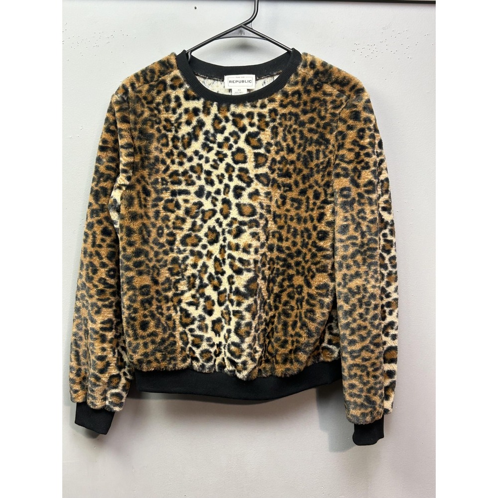 For The Republic Sweater Womens‎ XS Brown Leopard Print Fuzzy Faux Fur Pullover